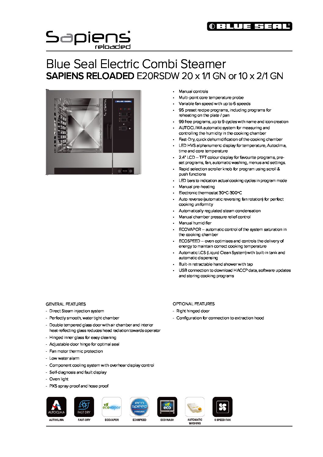cover page of the Blue Seal Combi Oven E20RSDW – 20 Tray specification sheet pdf