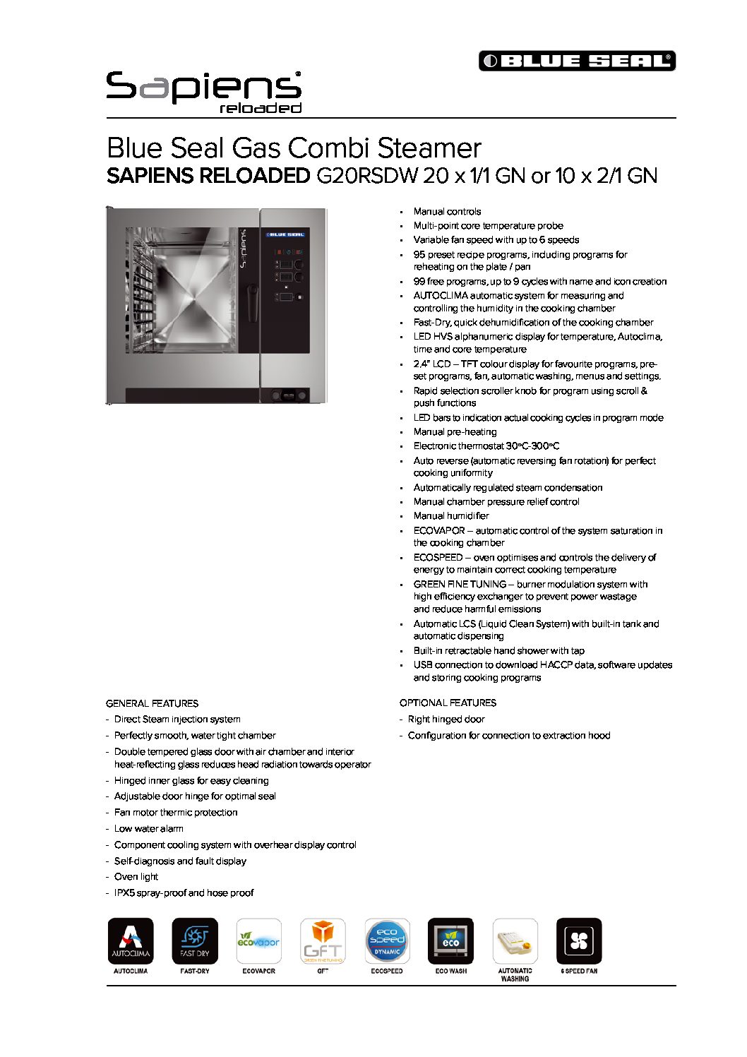 cover page of the Blue Seal Gas Combi Oven G20RSDW – 20 Tray specification sheet pdf