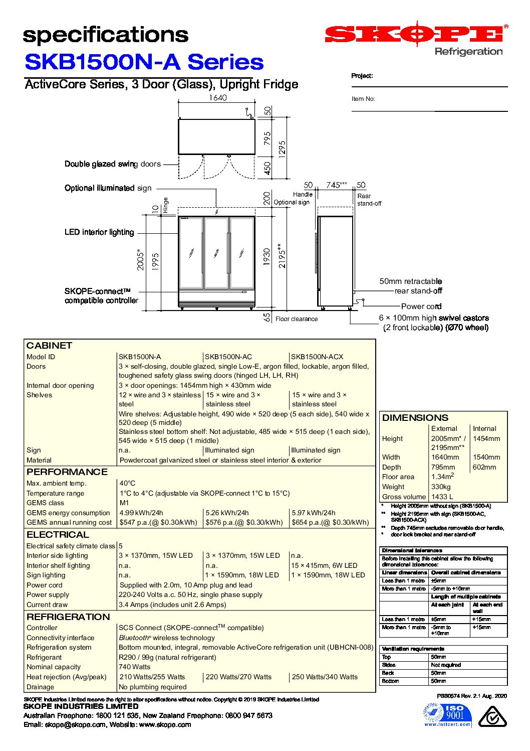 cover page of the Skope SKB1500N-A 3 Glass Door Display Fridge specification sheet pdf