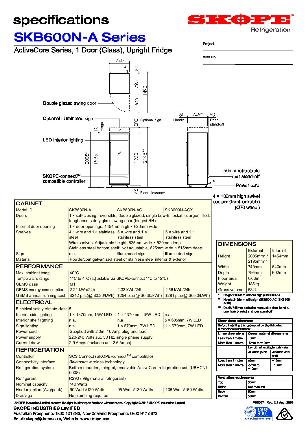 cover page of the Skope SKB600N-A Glass Door Display Fridge specification sheet pdf