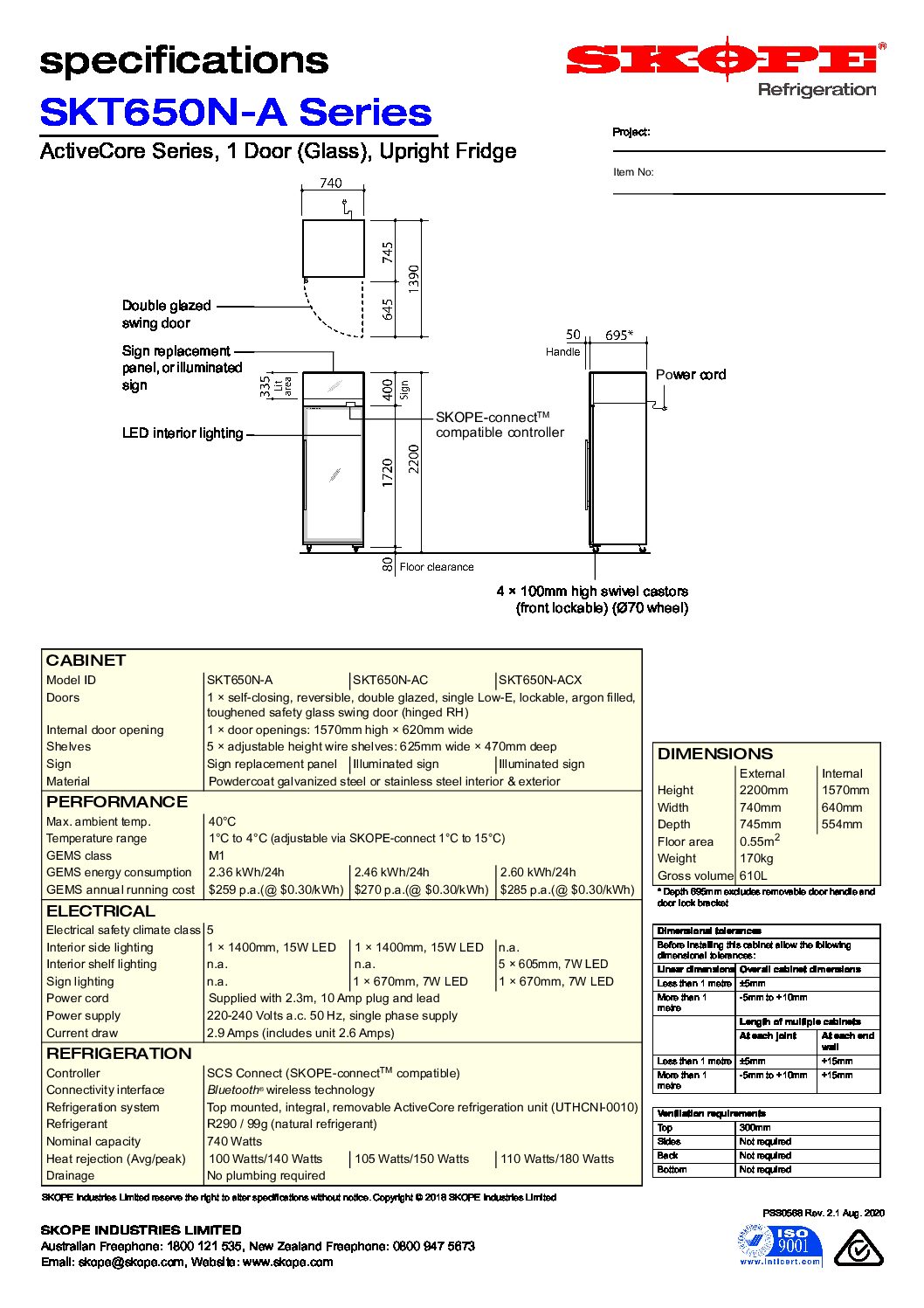 cover page of the Skope SKT650N-A Single Glass Door Display Fridge specification sheet pdf