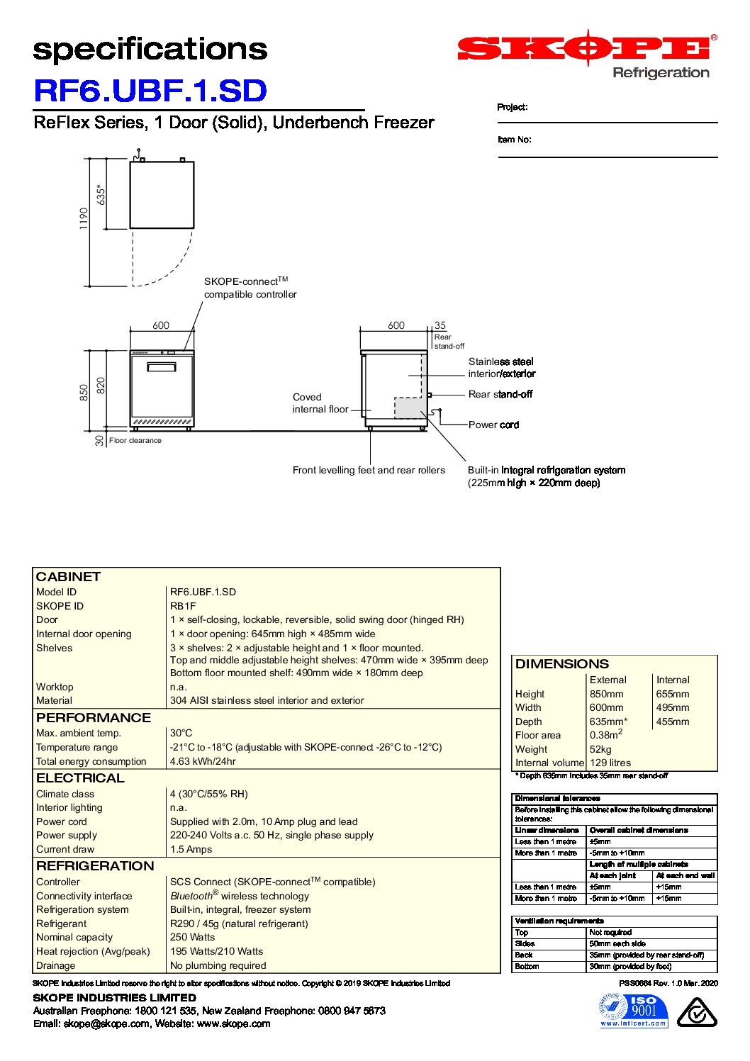 cover page of the ReFlex 1 Solid Door Underbench Freezer specification sheet pdf
