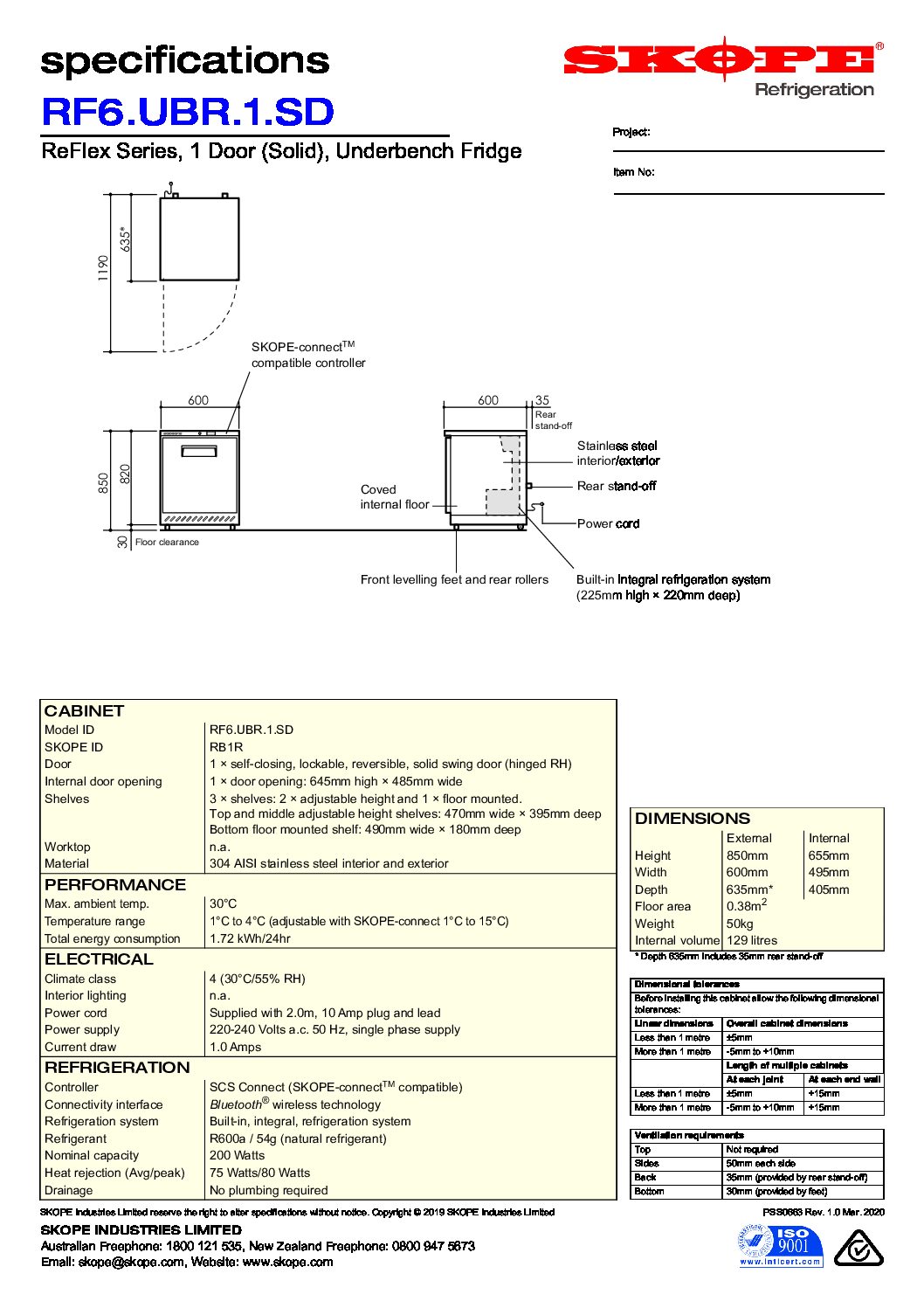 cover page of the ReFlex 1 Solid Door Underbench Fridge specification sheet pdf
