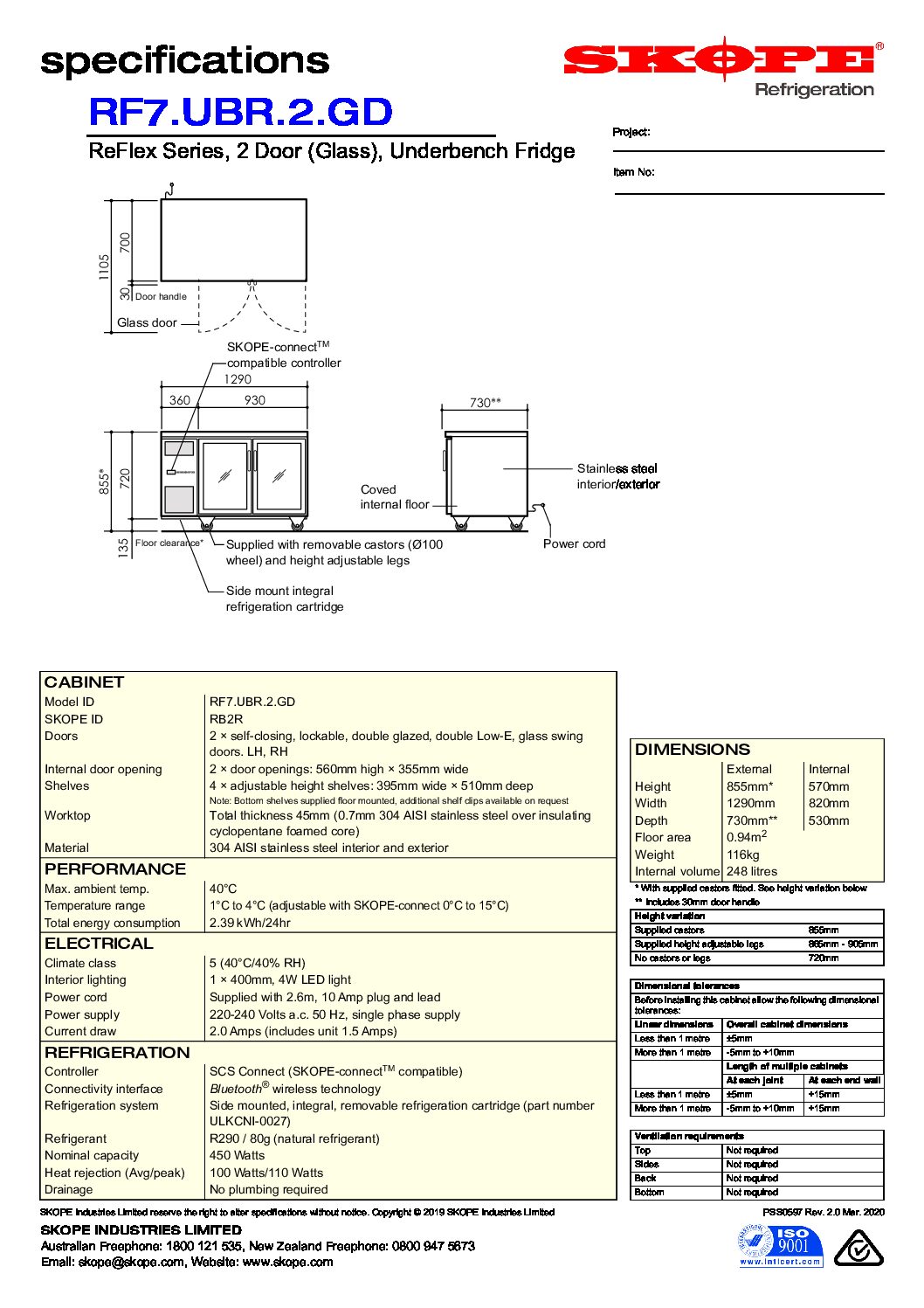 cover page of the Skope ReFlex 2 Glass Door Undercounter Fridge specification sheet pdf