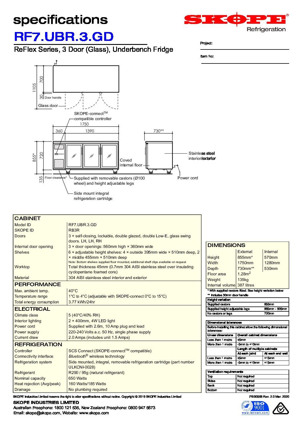 cover page of the Skope ReFlex 3 Glass Door Undercounter Fridge specification sheet pdf