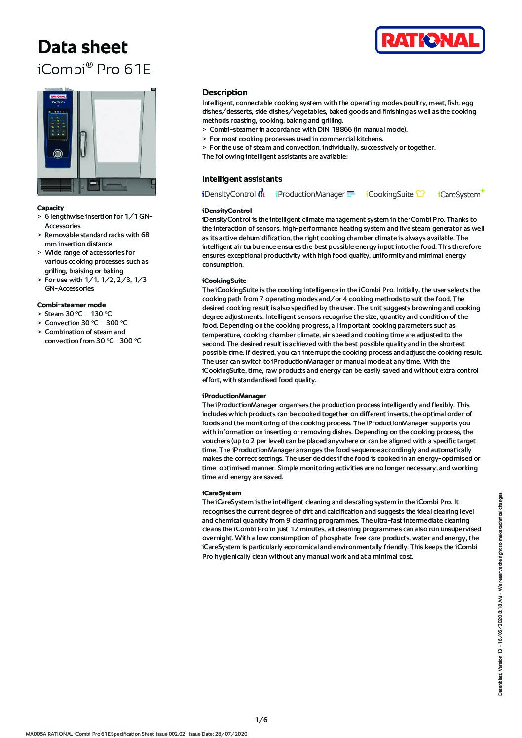 cover page of the Rational iCombi Pro Electric Combi Oven – 6 Tray specification sheet pdf