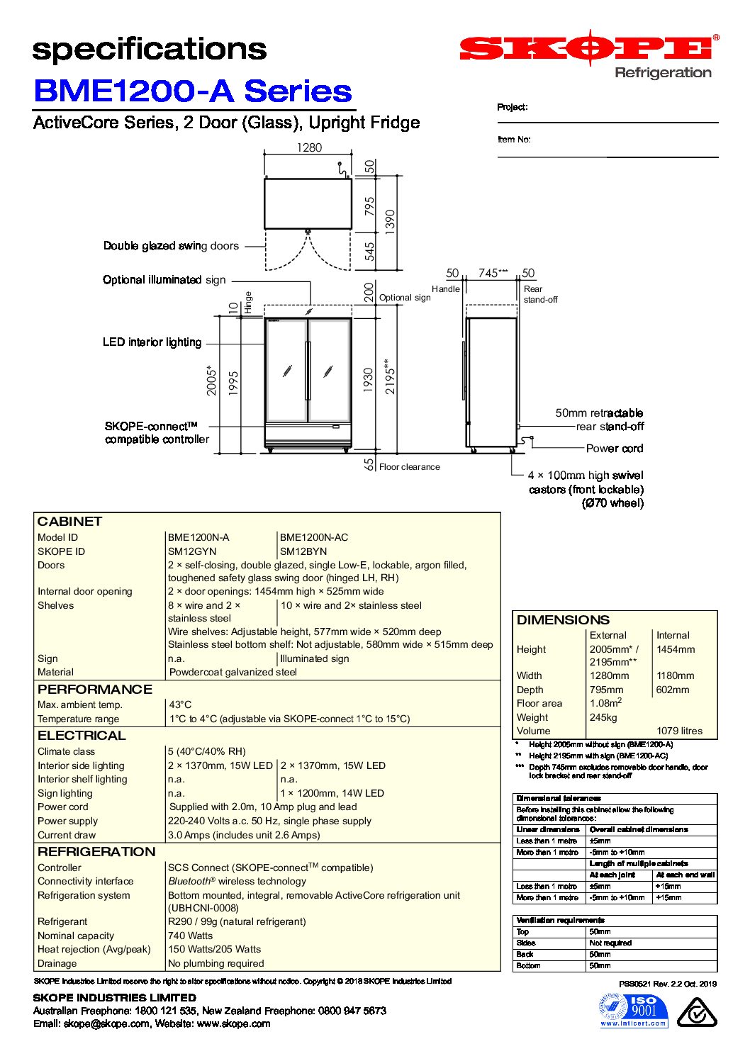 cover page of the Skope BME1200N-AC 2 Door Fridge with Lit Sign specification sheet pdf