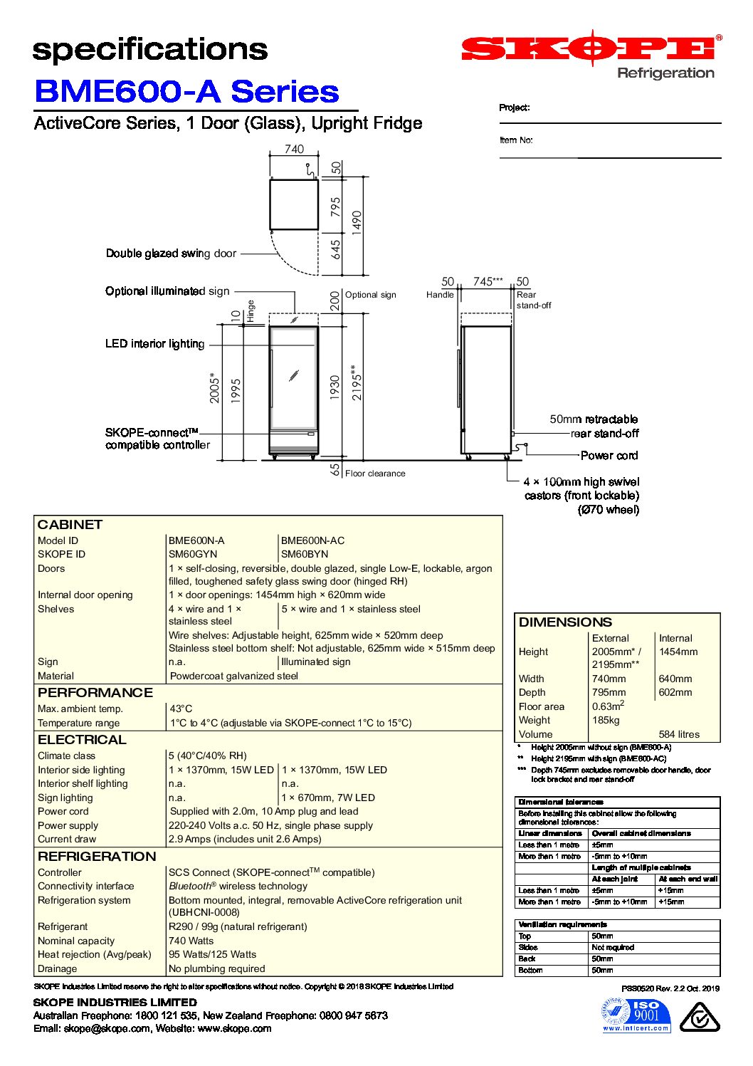 cover page of the Skope BME600N-AC 1 Door Chiller with Lit Sign specification sheet pdf