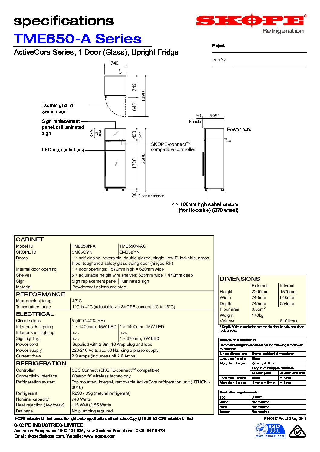 cover page of the Skope TME650N-AC Top Mount Single Door Chiller with Lit Sign specification sheet pdf