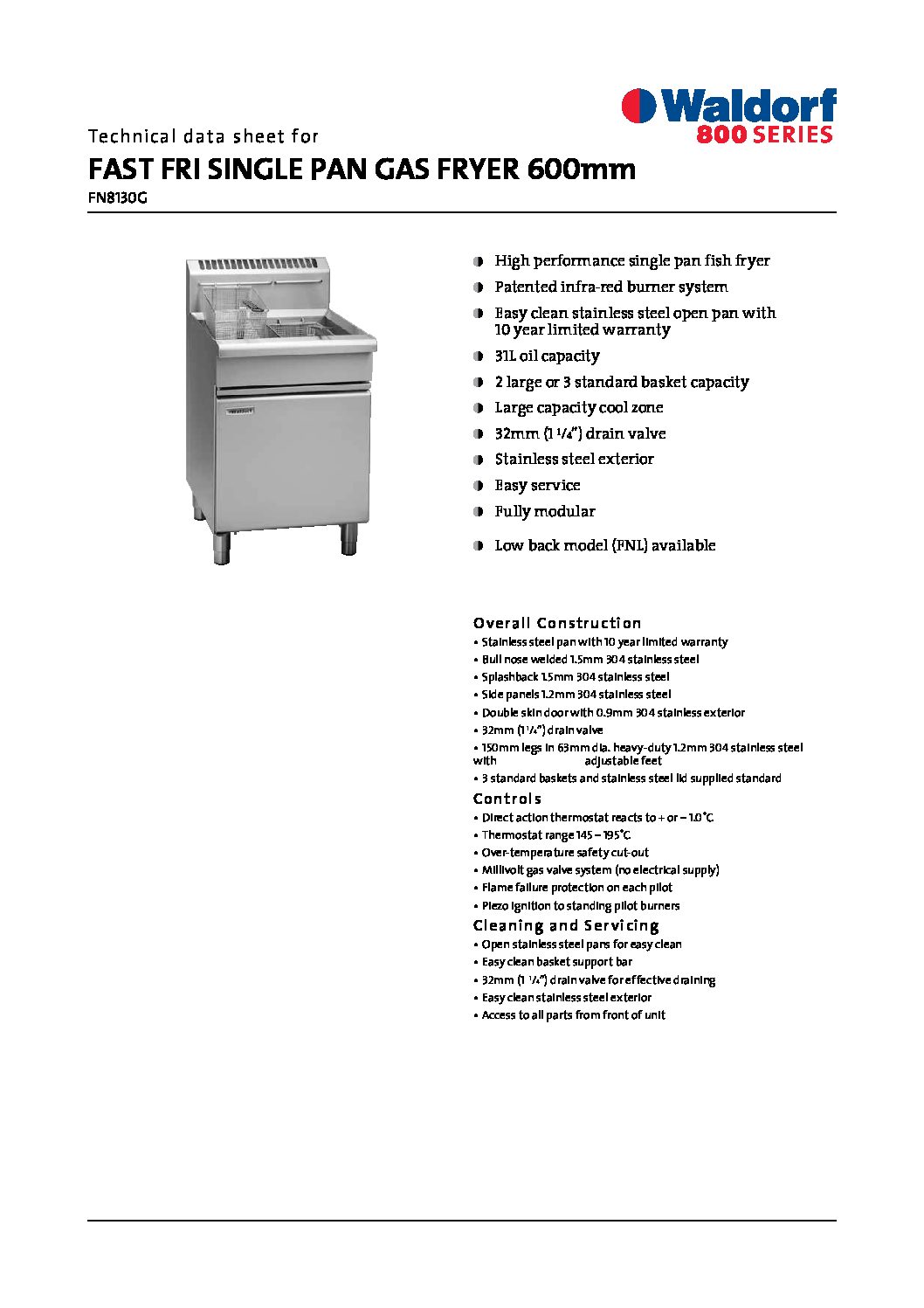 cover page of the Waldorf FN8130G Gas Fryer specification sheet pdf