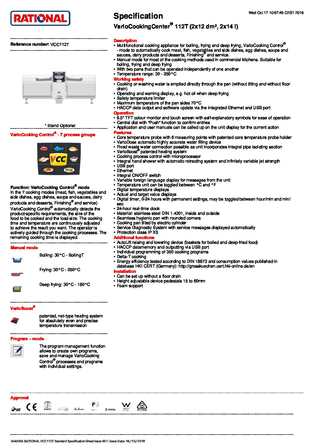 cover page of the Rational VCC112T VarioCookingCenter – 2 x 14Ltr specification sheet pdf