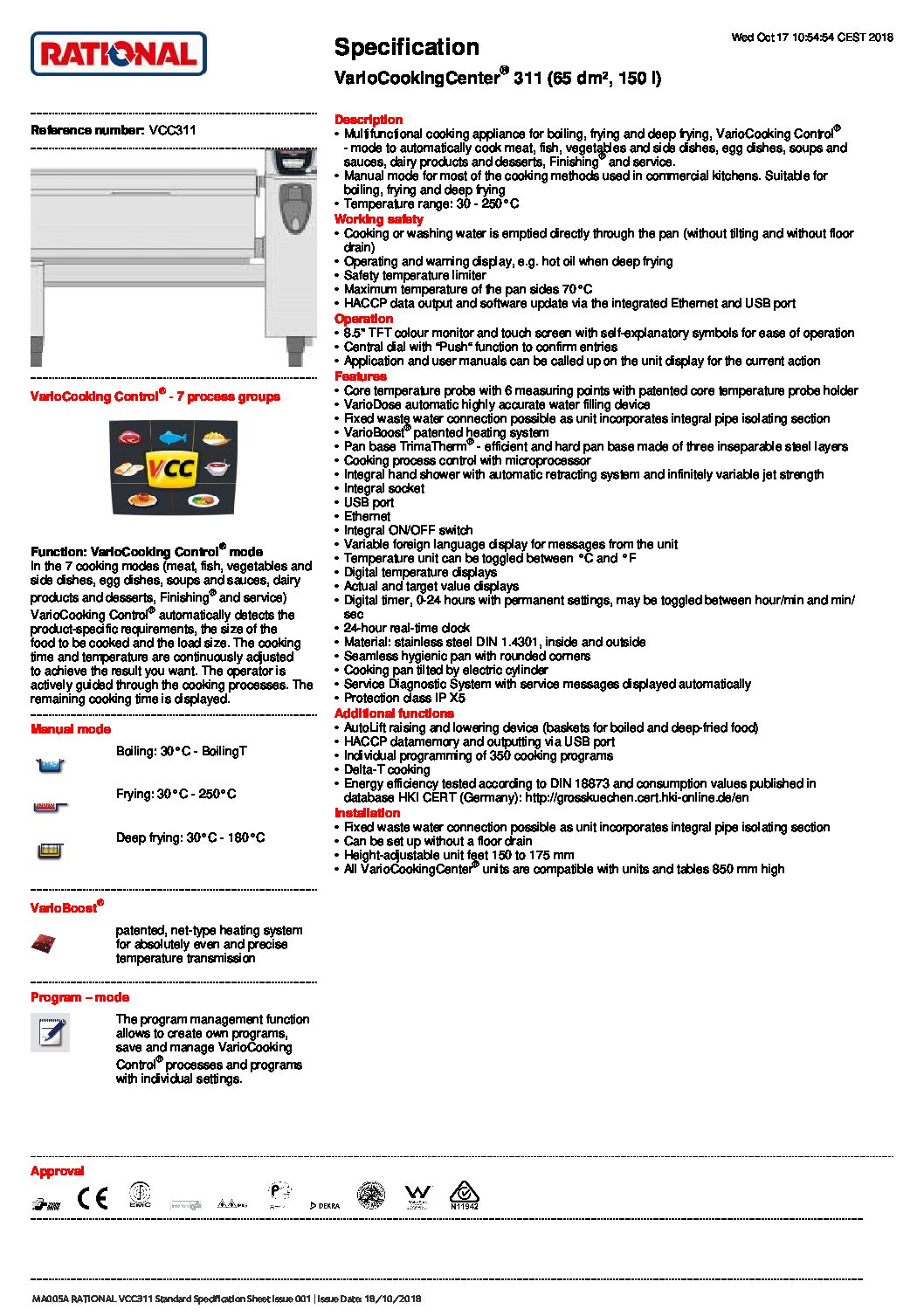 cover page of the Rational VCC311 VarioCookingCenter – 150Ltr specification sheet pdf