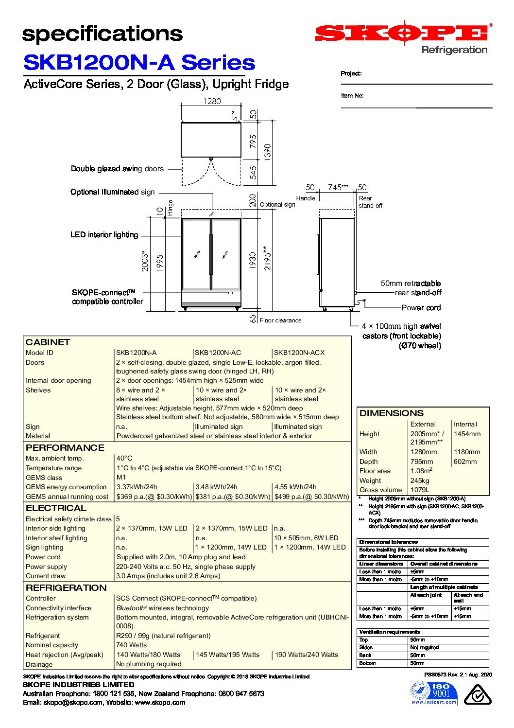 cover page of the Skope SKB1200N-A 2 Glass Door Display Fridge specification sheet pdf