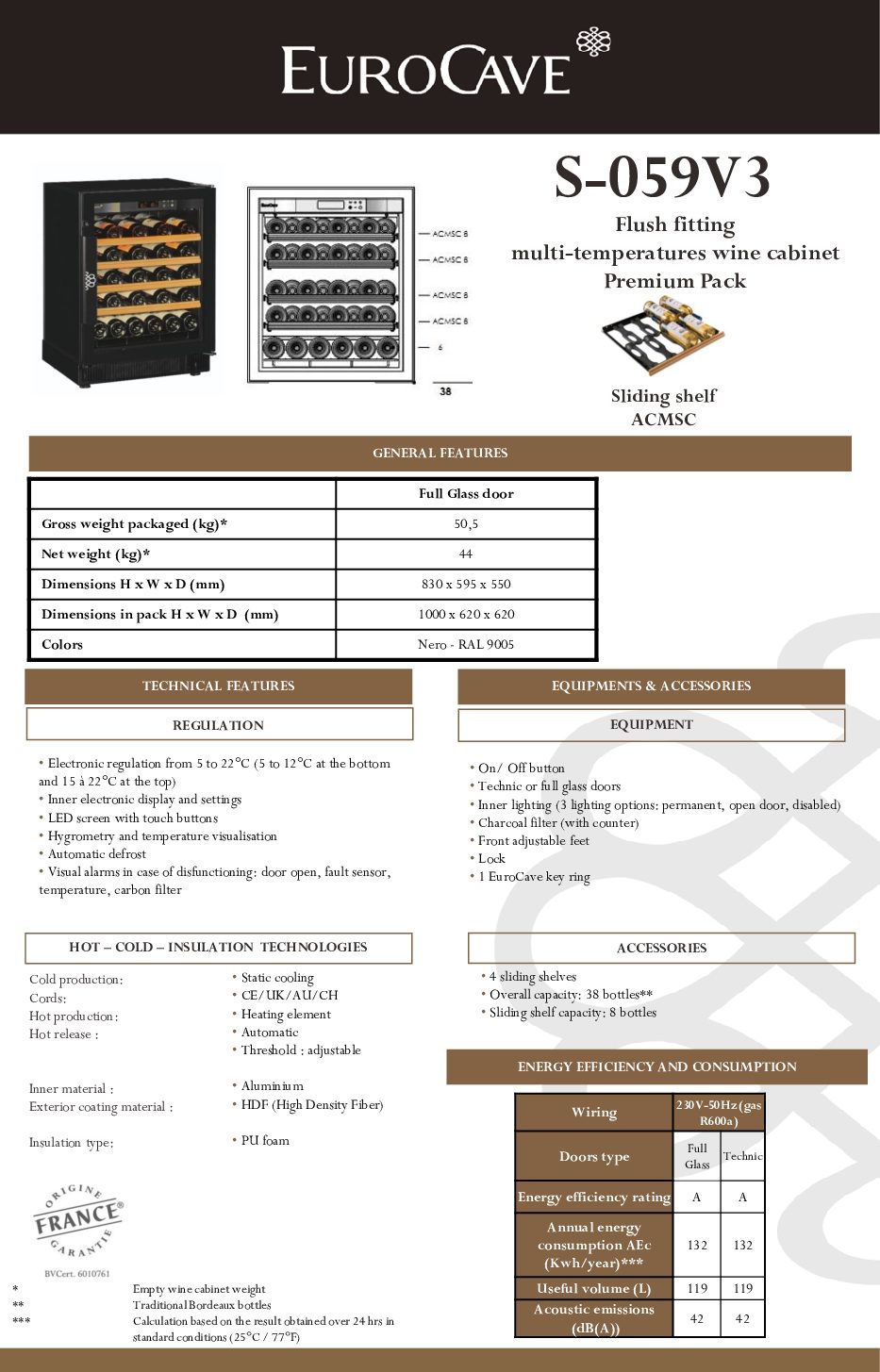 cover page of the EuroCave S-059V3 Multiple Temp Compact Wine Cabinet specification sheet pdf