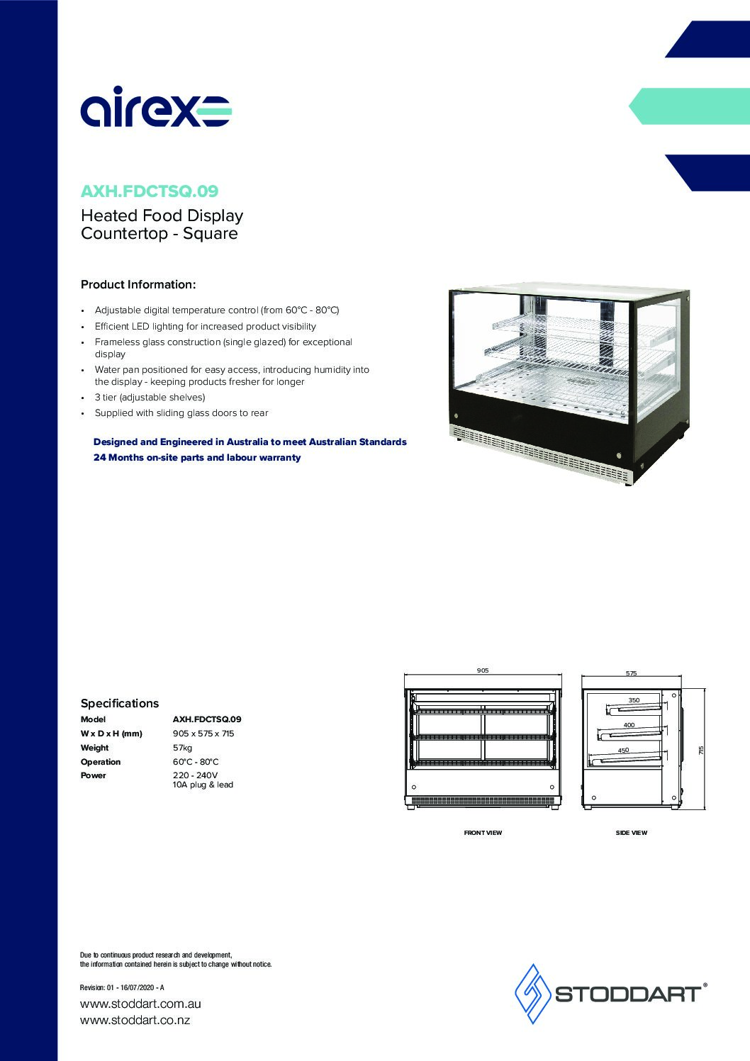 cover page of the Airex Countertop Heated Square Food Display AXH.FDCTSQ.09 – 900mm Wide specification sheet pdf