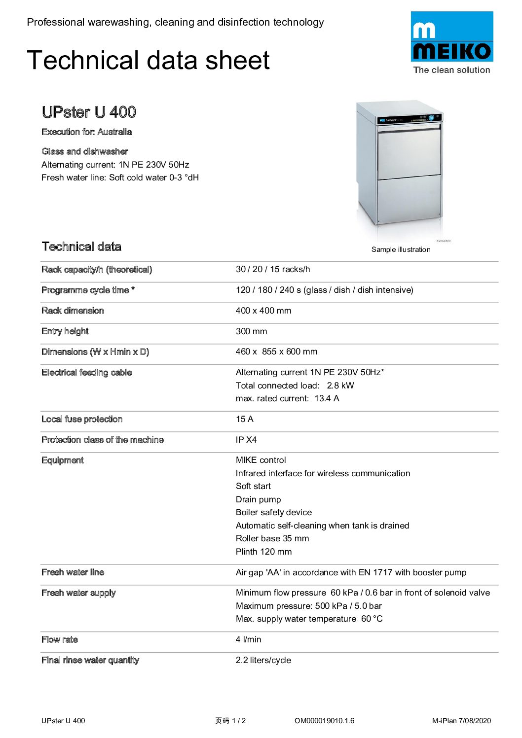 cover page of the Meiko UPster U 400 Underbench Dishwasher specification sheet pdf