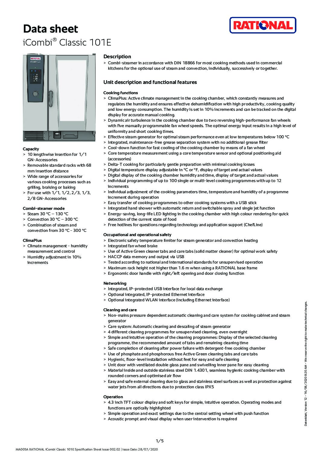 cover page of the Rational iCombi Classic ICC101 Electric Combi Oven – 10 Tray specification sheet pdf