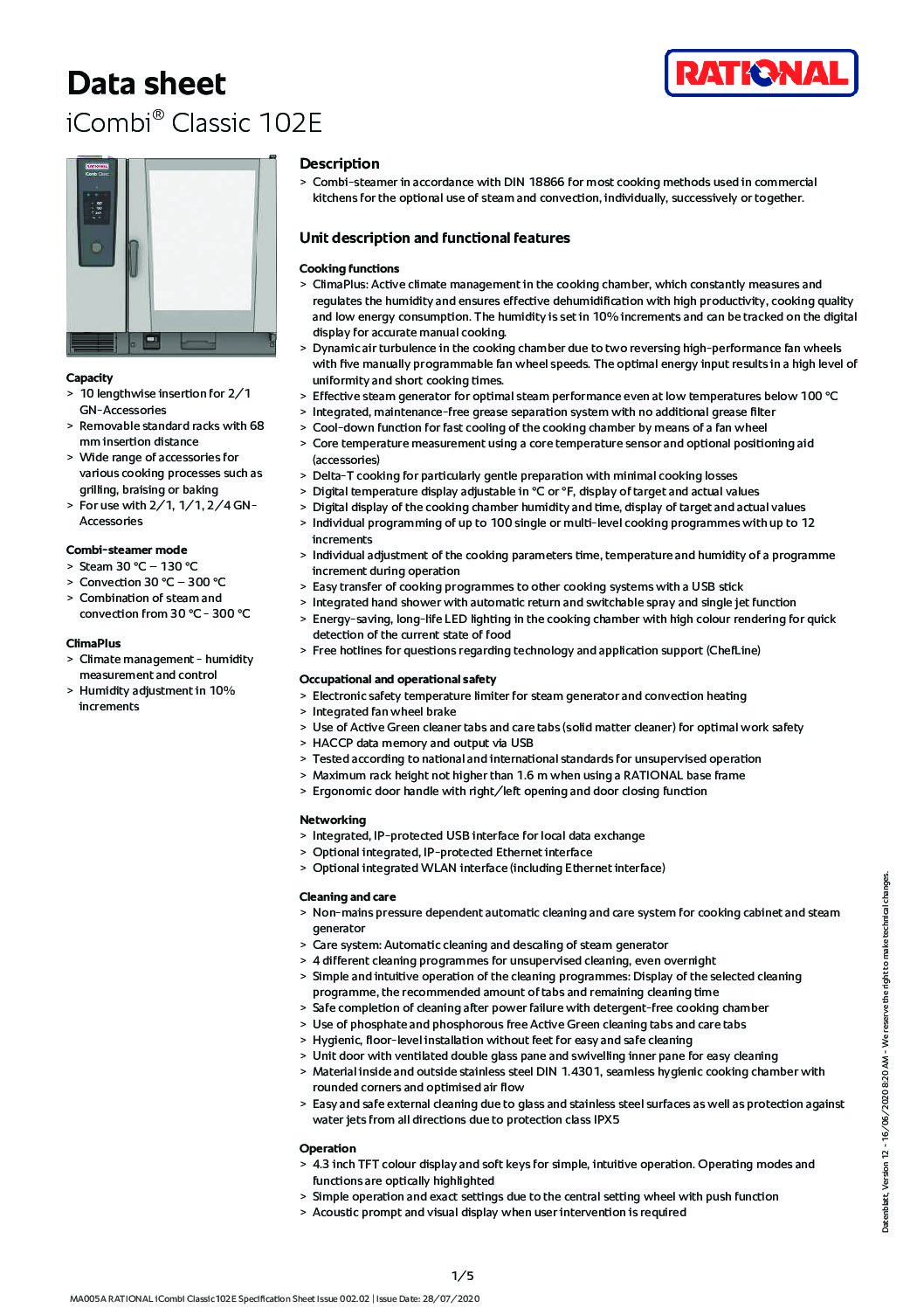cover page of the Rational iCombi Classic ICC102 Electric Combi Oven – 10 x 2/1 Tray specification sheet pdf