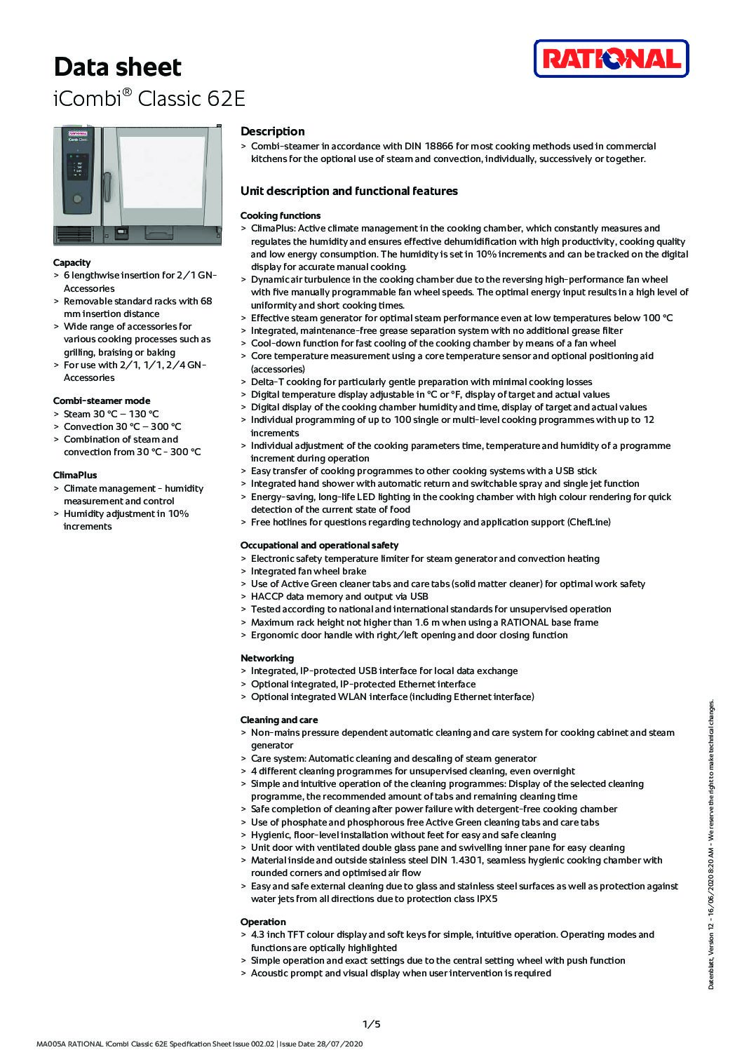 cover page of the Rational iCombi Classic ICC62 Electric Combi Oven – 6 x 2/1 Tray specification sheet pdf