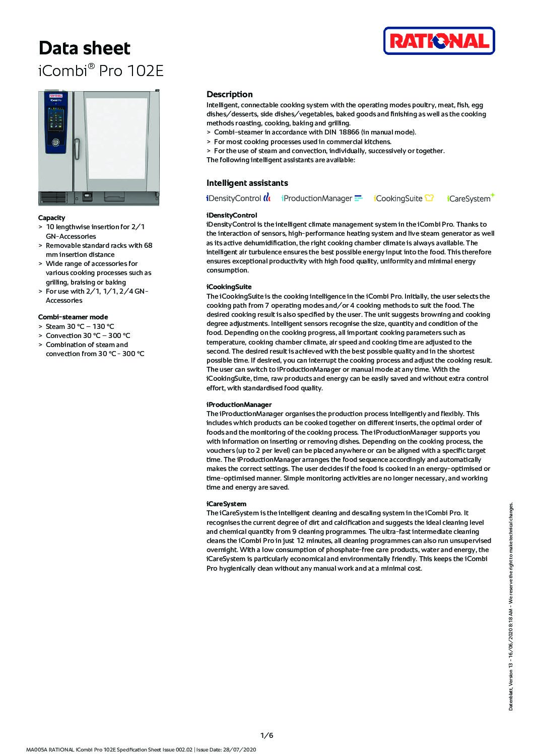 cover page of the Rational iCombi Pro ICP102 Electric Combi Oven – 10 x 2/1 Tray specification sheet pdf