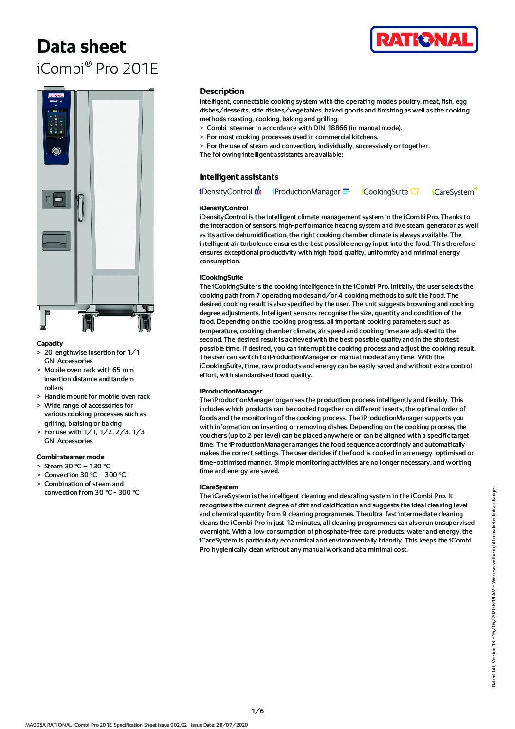 cover page of the Rational iCombi Pro ICP201 Electric Combi Oven – 20 Tray specification sheet pdf