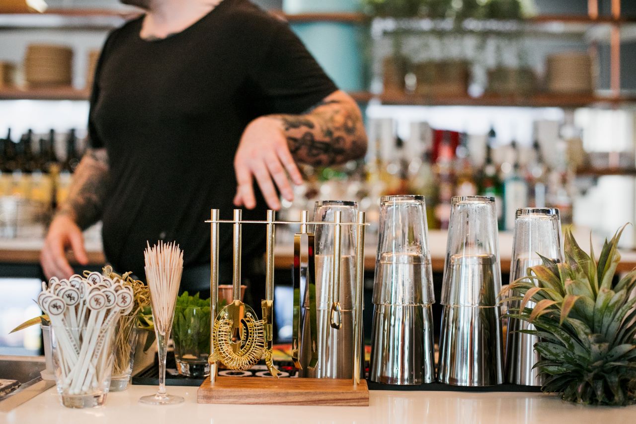 barware on cocktail station counter