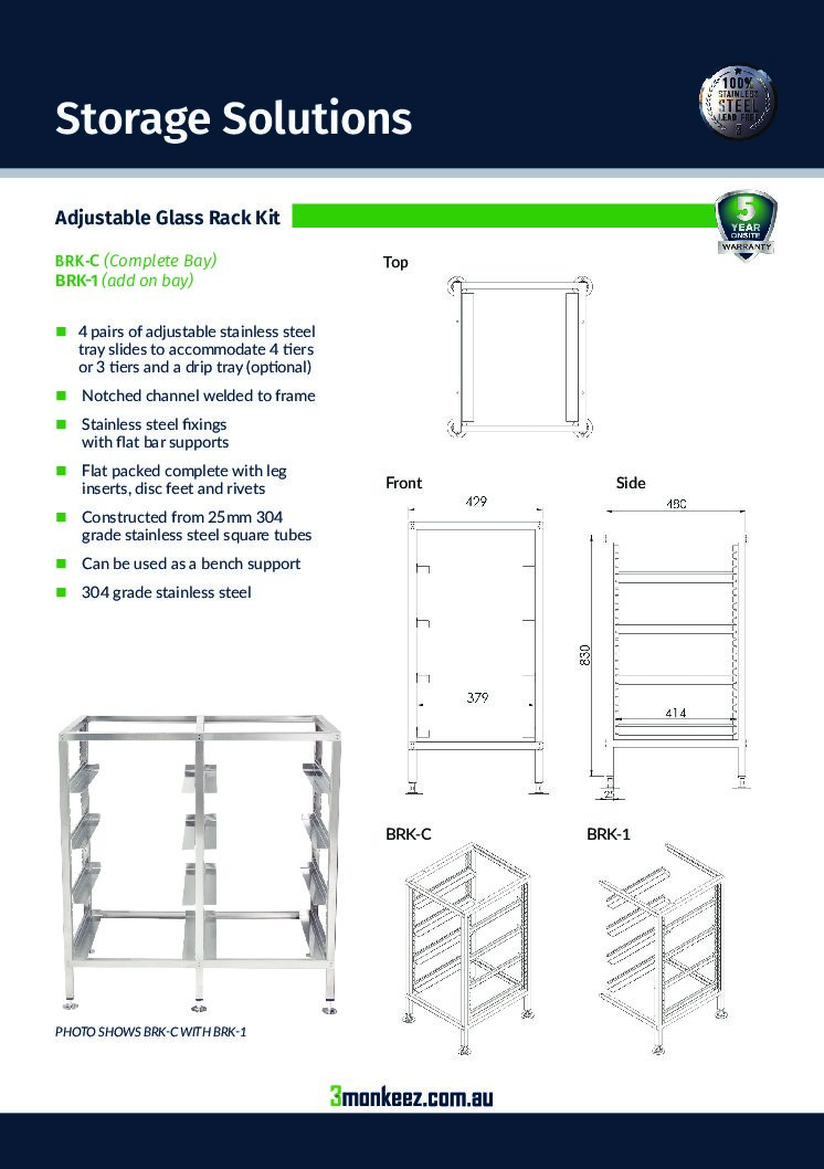 cover page of the Adjustable Glass Rack specification sheet pdf
